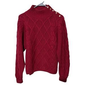 Anne Klein wool cable knit fisherman mock turtleneck sweater cranberry red. M